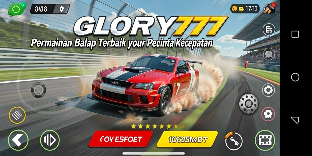 Tangkapan layar gameplay GLORY777 yang menunjukkan balapan seru dan mobil yang cepat.