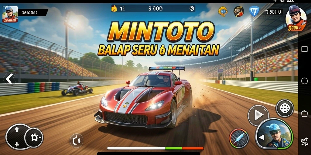 Screenshot MINTOTO menampilkan momen seru balapan di trek yang menantang.