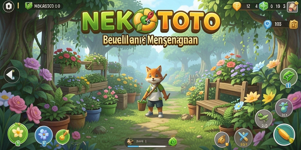 Tampilan gameplay NEKOTOTO dengan ladang hijau yang subur.