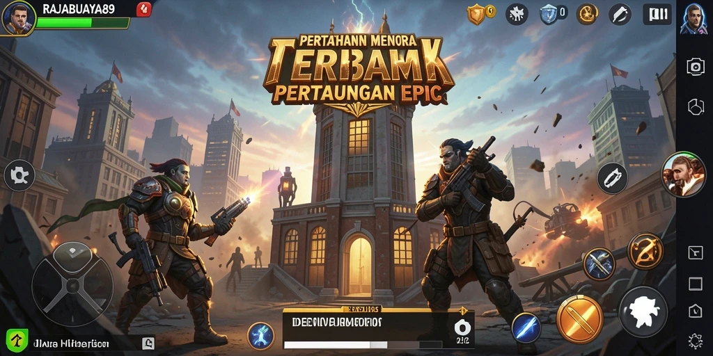 Gameplay mendebarkan di RAJABUAYA89 saat mempertahankan menara dari serangan musuh.