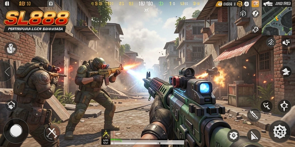 Screenshot SL888 menampilkan aksi intens dalam pertempuran FPS.